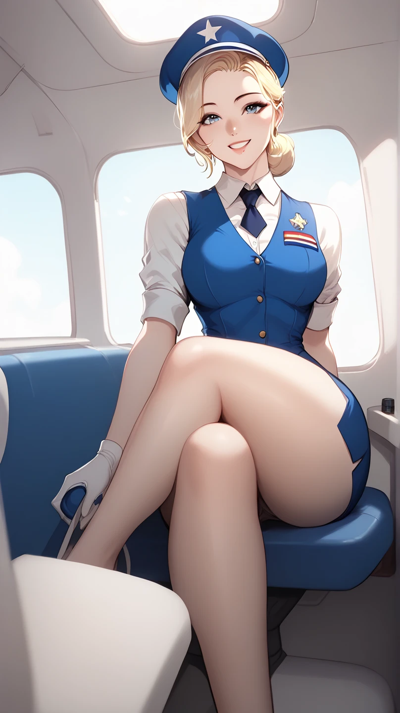 A beautiful female airplane hostess, blonde hair, inside the plane, greet with a smile