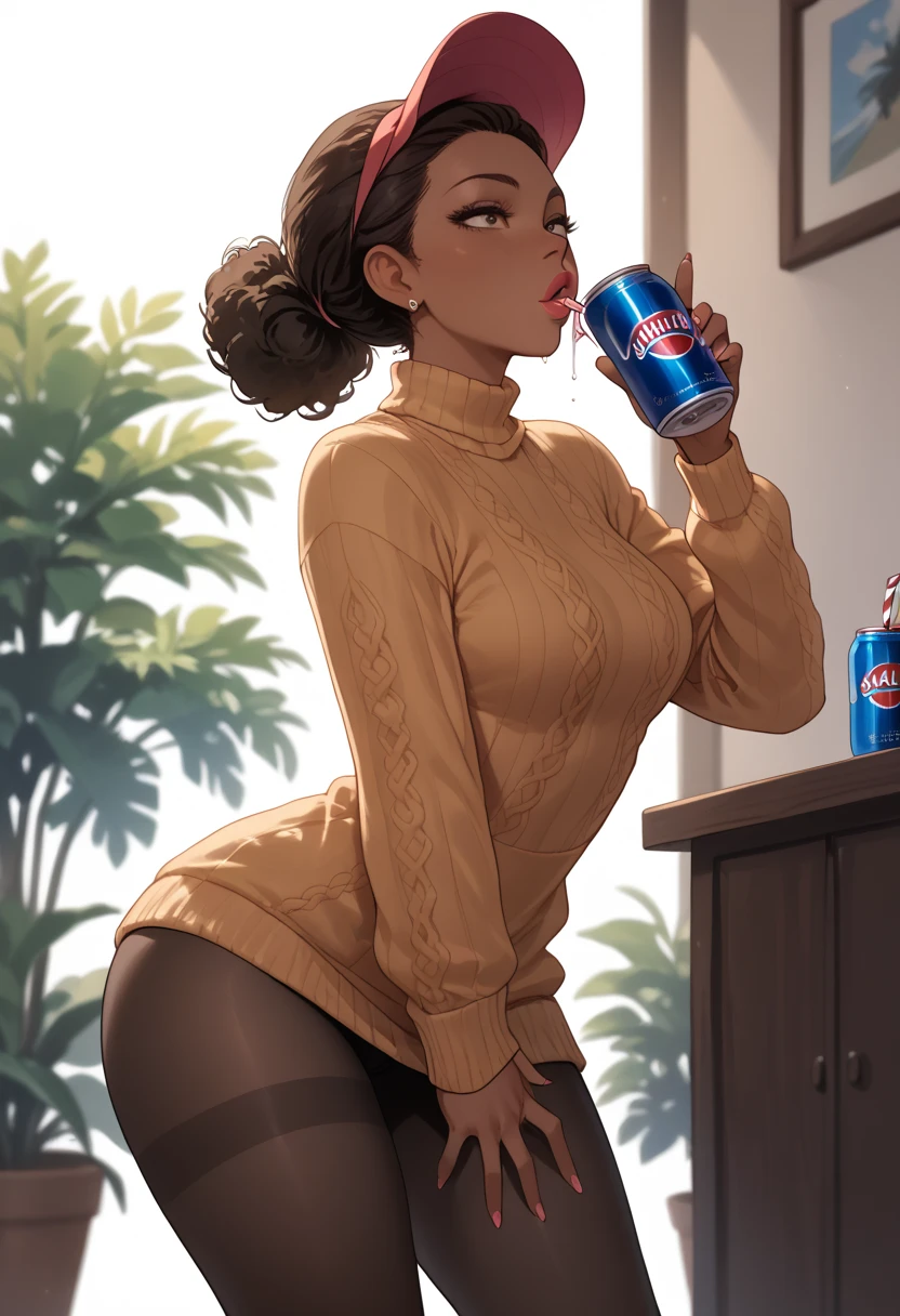 Almond-eyed Dark Mocha-skin tonned African-American woman with SHORT dark curly hair, juicy lips, and a large chest. She is bent over with her breast in the foreground, standing drinking from a Can soda. She is wearing pantyhose And sweater dress  below view