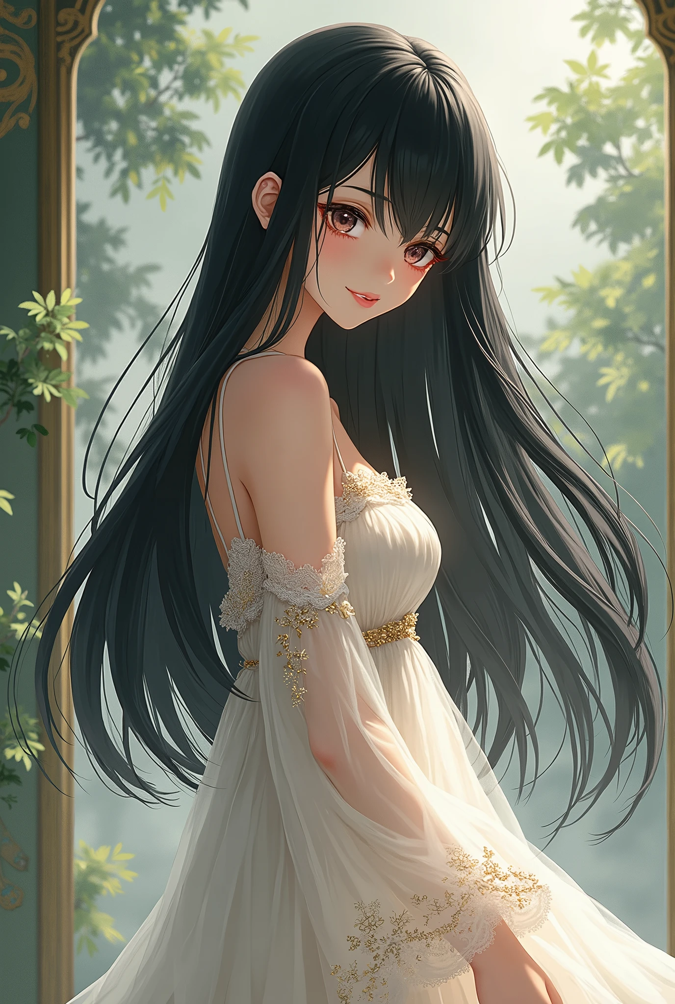 anime art small dress on long straight black hair, Realistic Background,