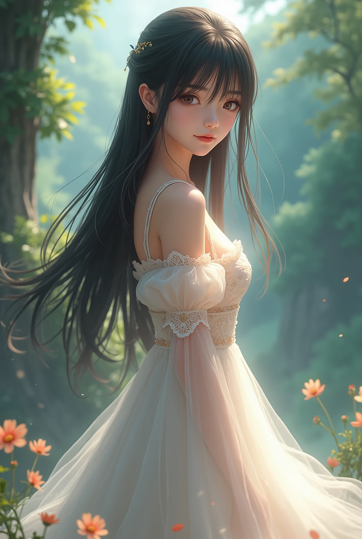 Anime small dress on long straight black hair, Realistic Background,