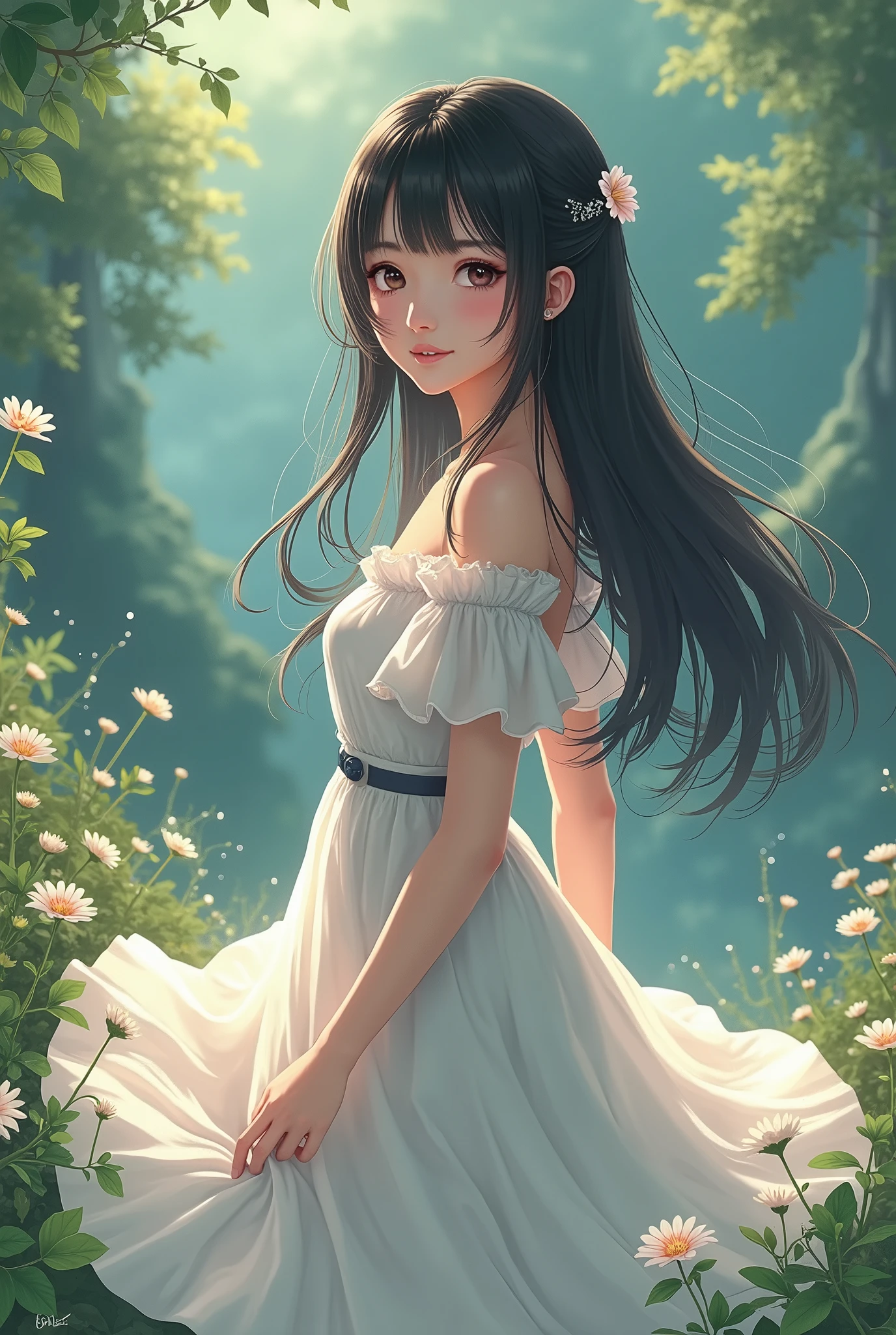 Anime small dress on long straight black hair, Realistic Background,