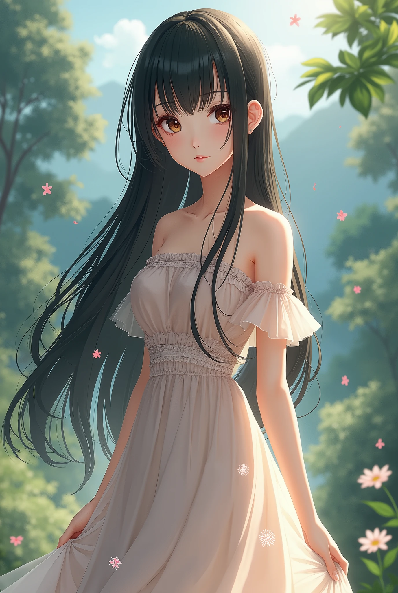 Anime small dress on long straight black hair, Realistic Background,