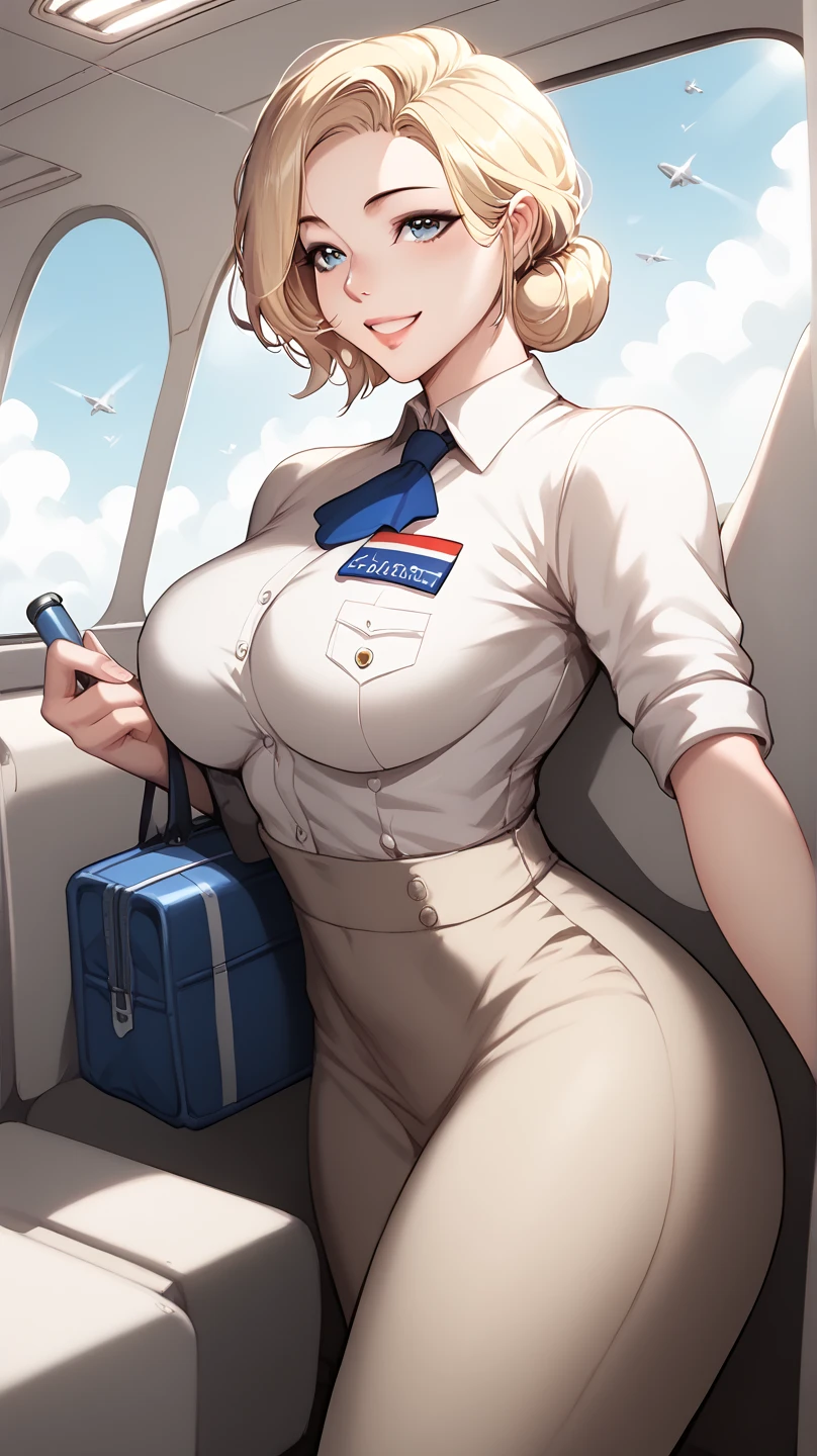 A beautiful female airplane hostess, blonde hair, inside the plane, greet with a smile