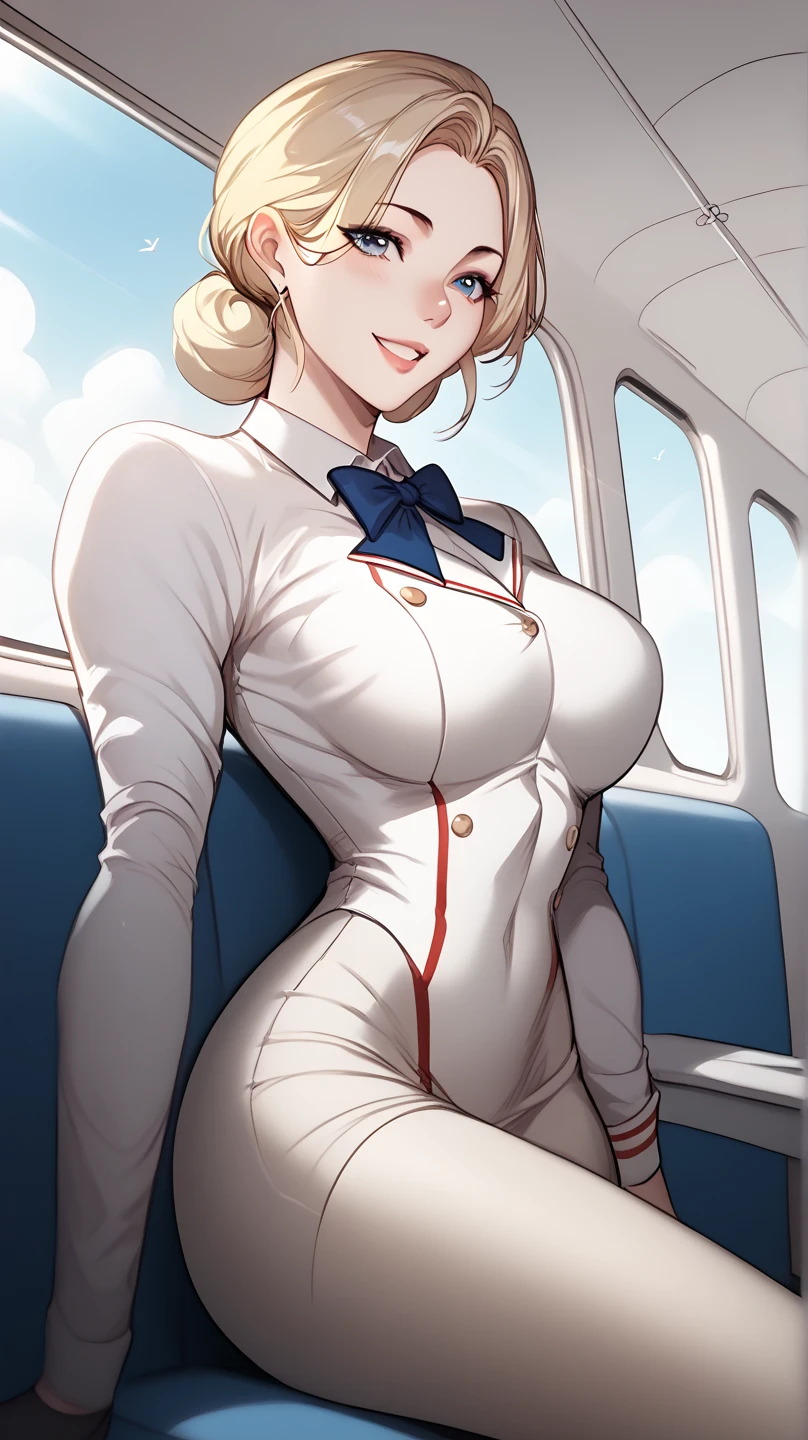 A beautiful female airplane hostess, blonde hair, inside the plane, greet with a smile