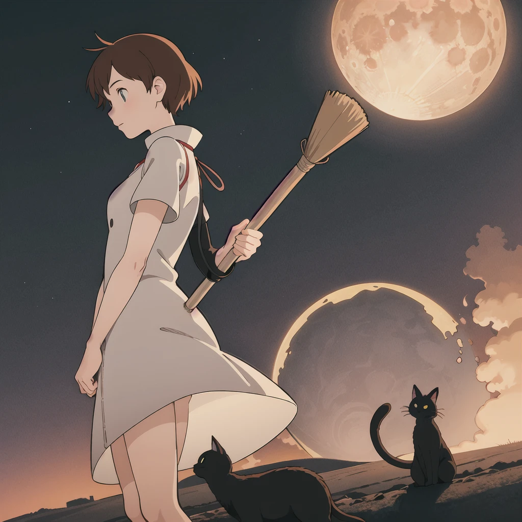  A young anime character inspired by Kiki ,  from the movie Delivery Services by Kiki .  She is on the surface of the Moon ,  dressed in a white astronaut costume adapted to her style :  the helmet has red details that match her iconic red hair band,  visible inside the helmet .  astronaut costume has subtle touches of navy blue ,  referring to her classic dress .  She holds a straw broom that seems to levitate gently in lunar gravity . next to her, there is a small black cat ,  also wearing a space helmet ,  looking curious and floating slightly .  The setting includes a lunar landscape with craters ,  a dazzling starry sky and the planet Earth visible in the background .  The atmosphere of the image must be magical ,  with an art style inspired by Japanese animation ,  soft colors and ethereal lighting . Visual Style: Japanese anime,  inspired by Studio Ghibli .
 lighting : suave,  with subtle glows reflected on the lunar surface.