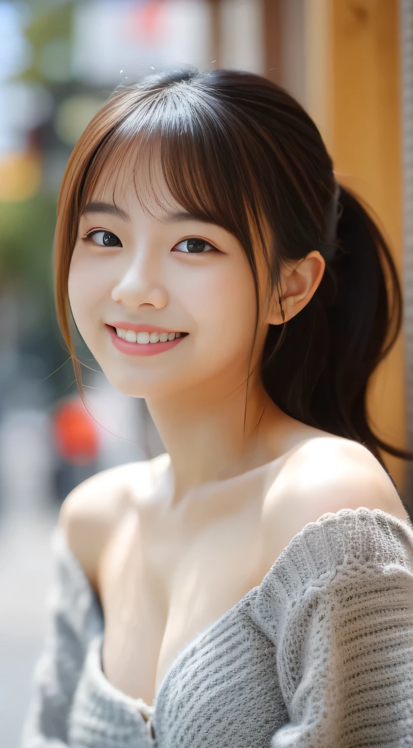masterpiece,best quality,(Japanese girl),((Beautiful girl)),cleavage,(off shoulder:1.2),(perfect body beauty:1.2),(shy smile),beautiful teeth,From slightly above