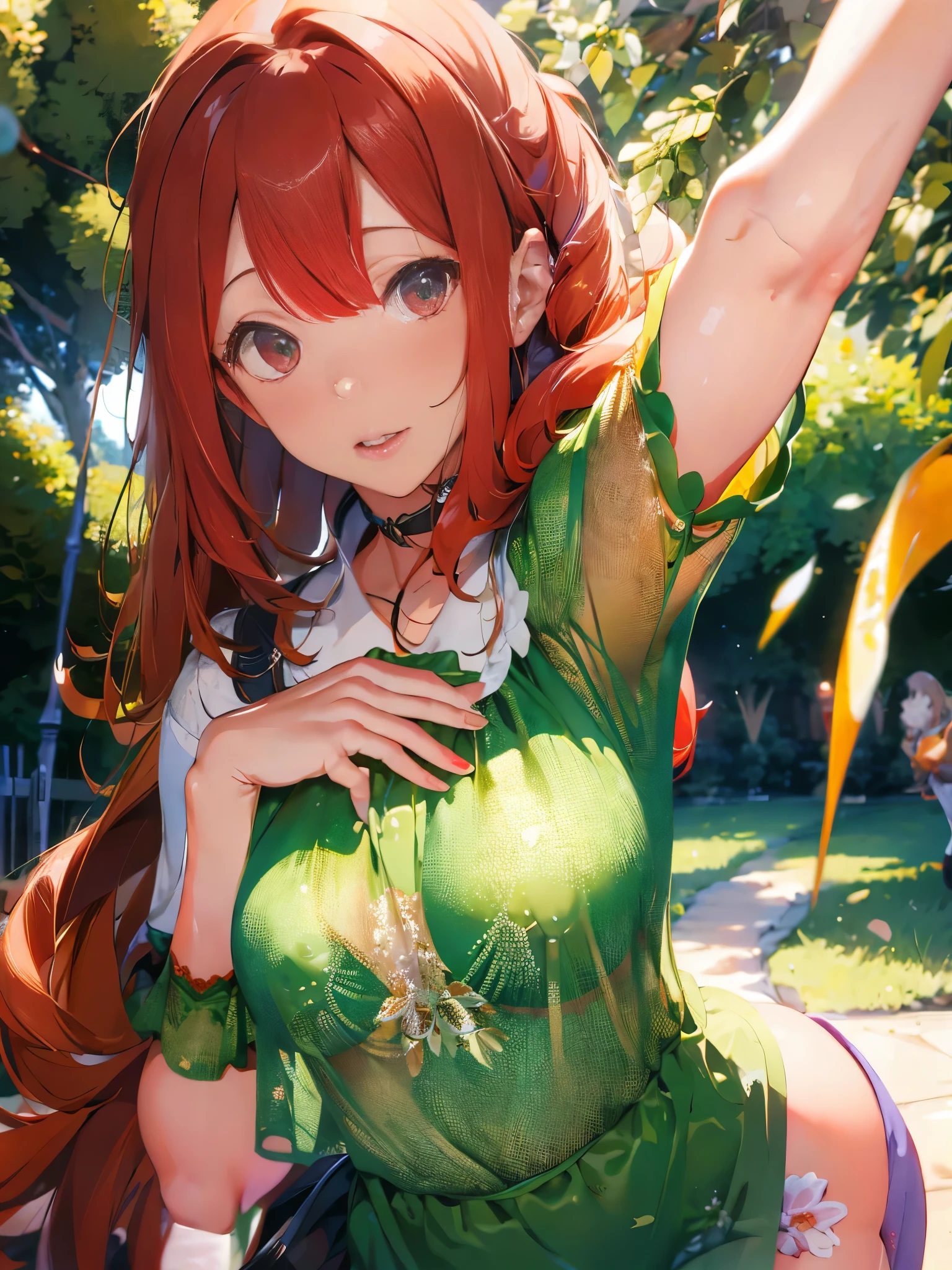 (masterpiece, best quality), best quality, (ultra-detailed), (3heads:1.5), 1girl, (kaenbyou rin:1.3), masterpiece, best quality, ultra quality, ultra resolution, ultra detail, black top, crop top, ((stomach)), midriff, ((groin)), black skirt, normal ears, shackles, red hair, very long hair, wavy hair, sidelocks, dark red eyes, parted lips, sweat, cute, toned belly, hand on own chest, eyelashes, (25 year old woman:1.3), (masterpiece:1.5), (best quality:1.5), (beautiful detailed eyes), extremely detailed CG, extremely delicate and beautiful, depth of field, (finely detailed face), (perfect details:1.2), (mature female:1.3), wide pelvis, slender, large veiny breast, 16k resolution, highres, high quality, high definition, extremely detailed, masterpiece, best quality, red hair, long hair, alluring presence, twin braid, short skirt, close up, big tits, young, cat girl, black cat ears,