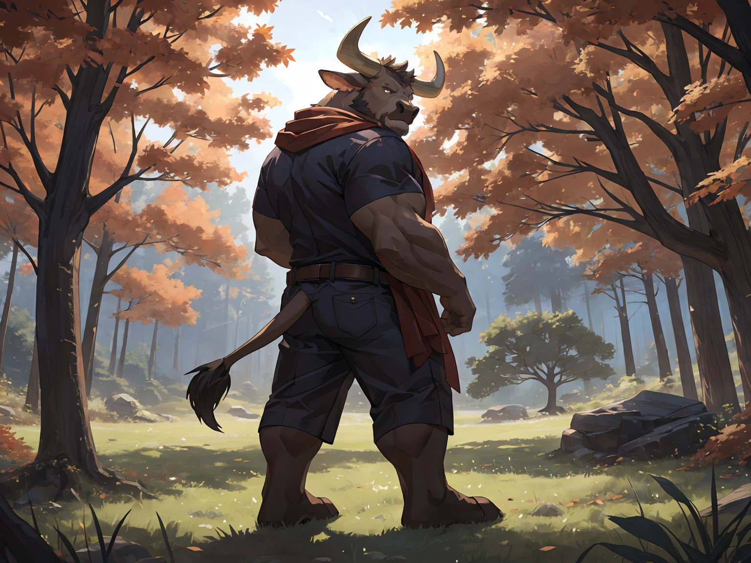 deep brown bovine, deep brown ox, deep brown bull, red scarf, ox horns, horns, solo, standing under a big tree, Autumn, wronged, pitiable, waiting, frome side, From a lateral viewpoint, open shirt, hand on stomach, Grassland, Look back over his shoulder, Turn his head to look back, masterpiece, (16K), HD, Various facial details, detailed background, very detailed, dynamic poses, Eyes details, high resolution, high quality, correct anatomy, fullbody picture, Leaning against the big tree, A single large tree standing alone in an open field, Only one large tree in the scene, no other trees or objects around. A solitary ancient oak tree in a vast empty meadow, no additional trees or plants, One prominent large tree in the center, no background forest, bushes, or other trees, ox's tail, cow's tail, bull's tail, cartoon, by lindong, by null-ghost, evening, Fierce expression, anger