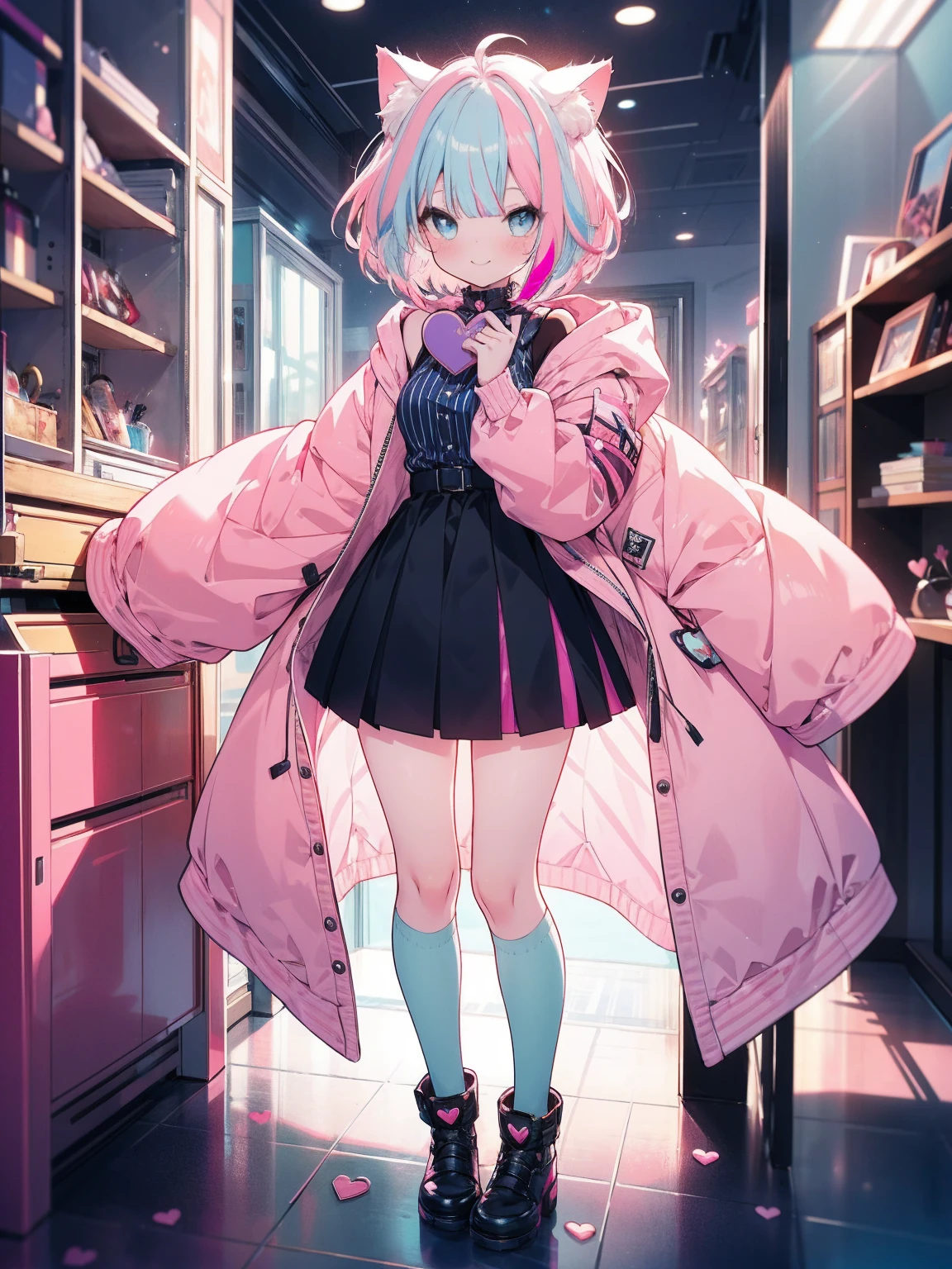 ((masterpiece, best quality: 1.1), ((Wearing a coat、Anime girl in sleeveless skirt)), 穿着无袖短裙的动漫Catwoman孩, , A pink-haired girl、Cute girl、Long hair、Braided hair、Braid、Very Beautiful Anime Catwoman, 动漫 Catwoman, (Pink knee socks), 迷人的Catwoman孩, Inspired by Reiko Ikemura, Aya Kono color style, The art style of Dragon King, Catwoman, Lovely character, Guang Jiangli、Smile、Cute girl、Pink room background、Girly atmosphere,Cat、有floor lamp的房间、Cat、有bookshelf的房间、bookshelf、floor lamp、Comfortable and warm room、Warm atmosphere