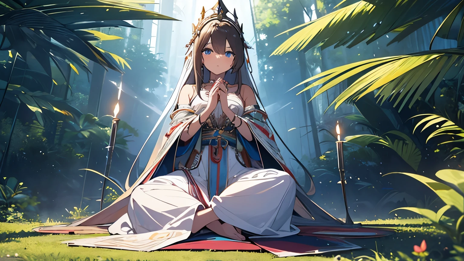 High quality image, best quality, extremely detailed CG Unity 8k, wallpaper, masterpiece, ultra detailed, superfine illustration, beautiful and detailed face, beautiful and detailed eyes, one person, a beautiful brunette girl with long silver hair and crystal blue eyes wearing mystical tribal clothing in a praying pose in a tropical forest, full body art.