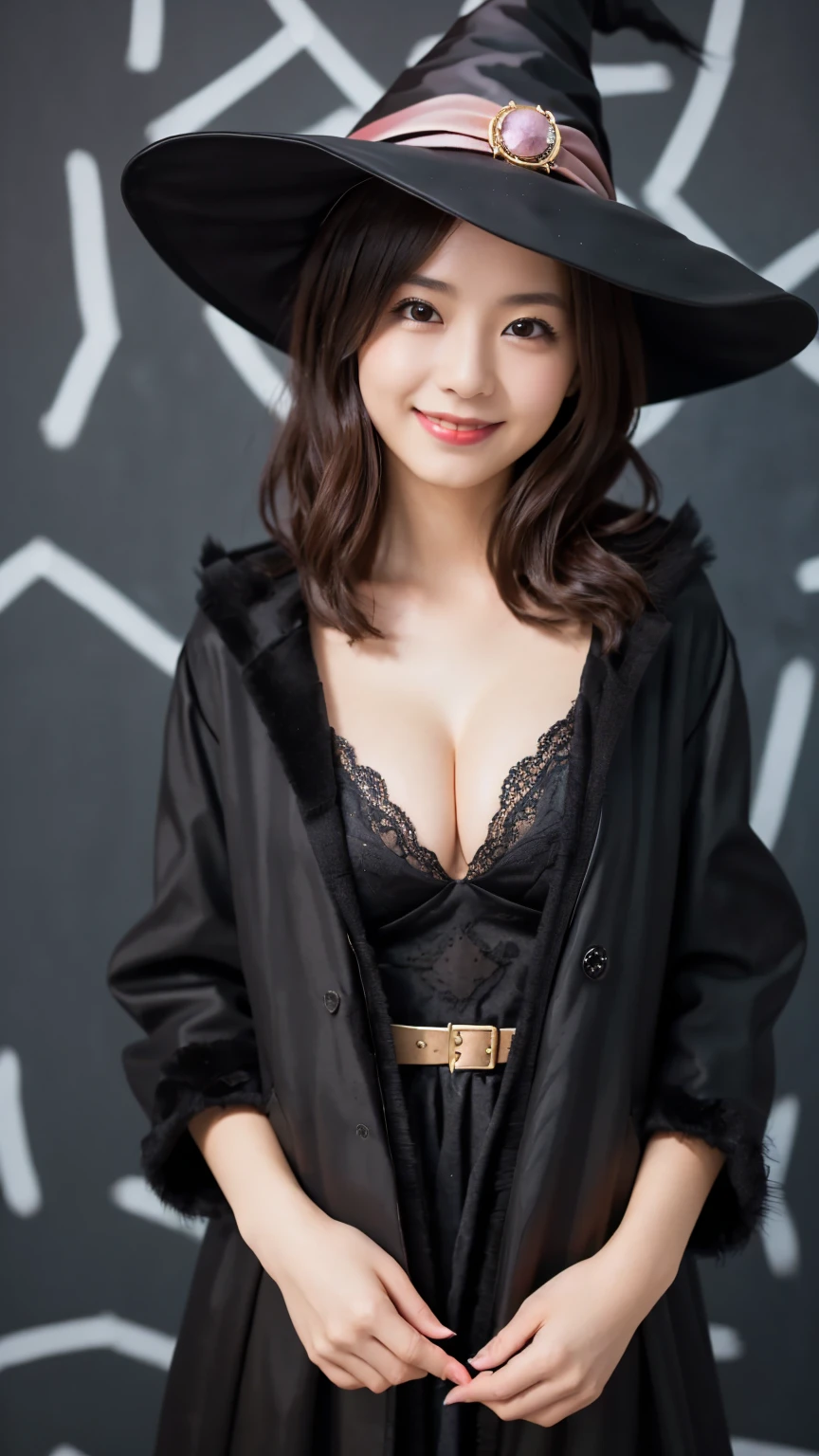 ( witch costume : 1.5), (upper body : 1.5), (Wear a black coat  : 1.5), , smile, (black dark abandoned house background : 1.5), young and adorable Japanese face, Official Art, high definition CG Unity 8k wallpaper,Ultra high definition ,Very detailed, half photos with Brazil, high definition , Kodak Portrait 400, film grain , lens flare glow, best quality,8k, as a portrait shot,8k, Show viewer , ((Black cat beside  : 1.3)), (( best quality)), ( super detailed), smile, (( sexy)), (( Very detailedな)), (detailed clothing features), (beautiful), Illustration, beautiful Japanese woman, ((1 female)), (Bold Cleavage : 1.1)