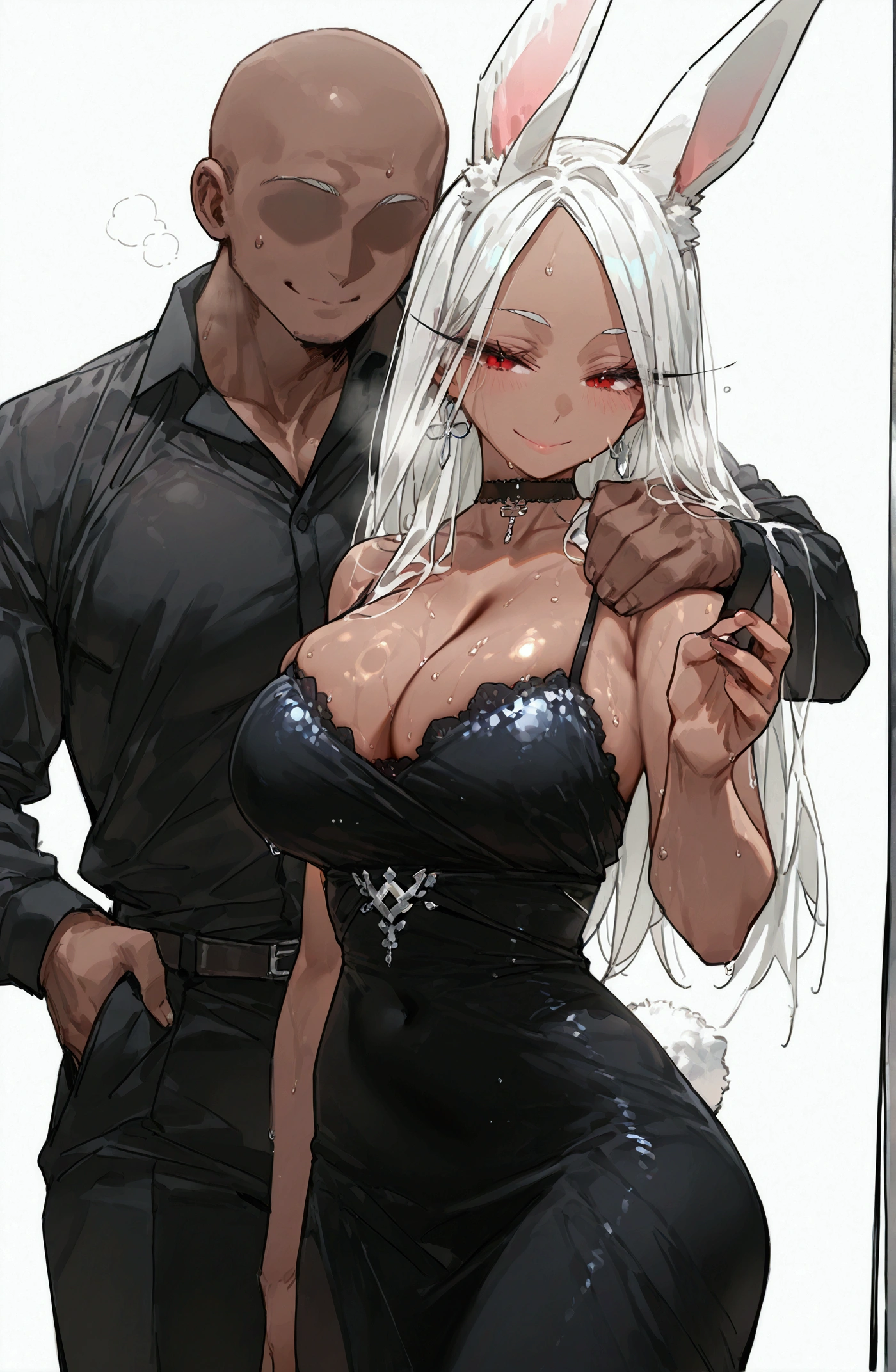 1 girl, long white hair, large breasts, red eyes, rabbit ears, rabbit tail, dark skin, dark-skinned female, parted bangs, rabbit girl, long eyelashes
 dark-skinned woman Big Breasts, One Woman、Big Breasts, club booth setting, Large Breasts、wearing black cocktail dress outfit and Black Choker Collar Metal、smile、Steamy、sweat, African man grabbing shoulder, hand_on_another's_shoulder, QoS tattoo, faceless male,