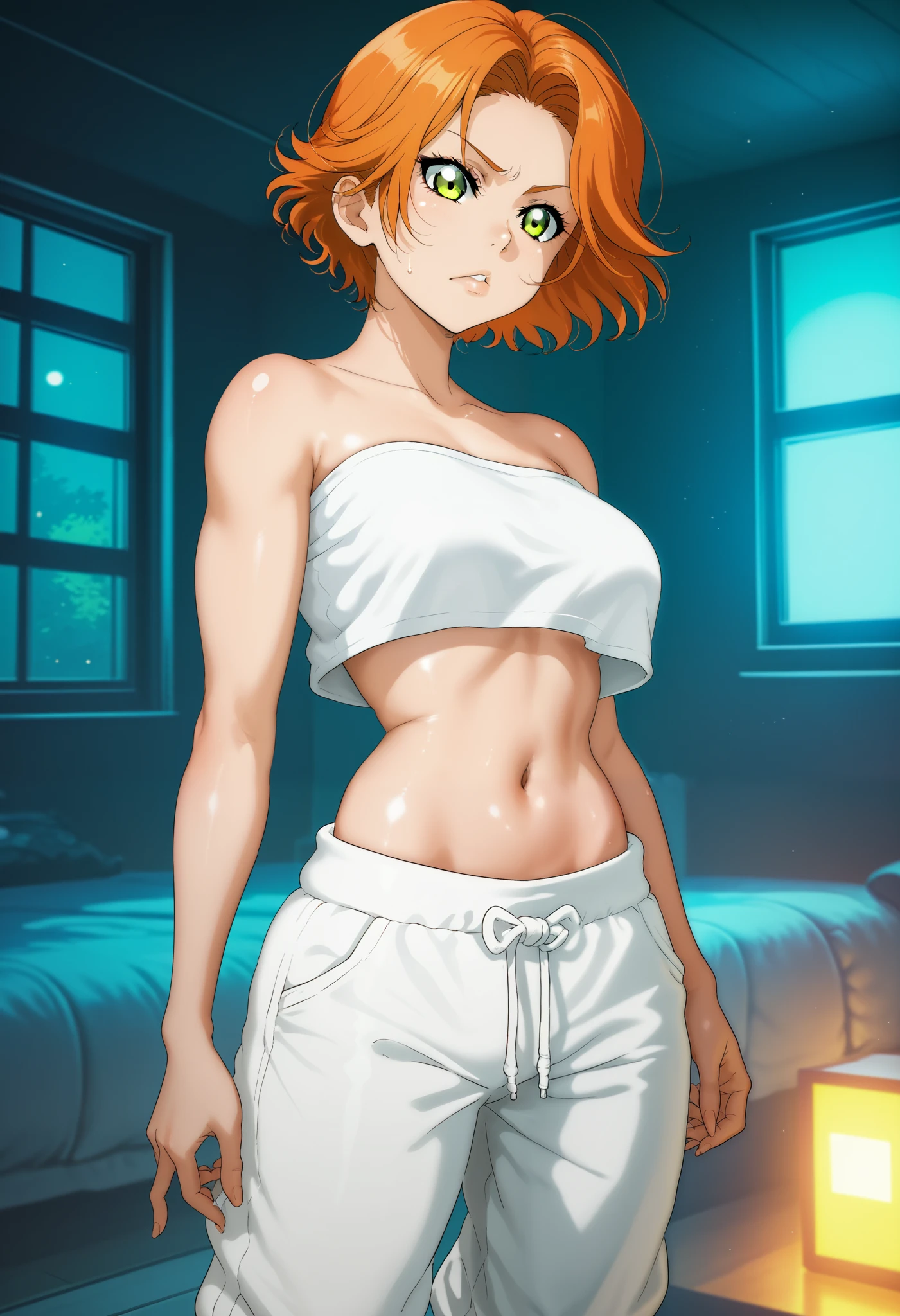 1girl, short hair, orange hair, standing, sporty athletic build, confident pose,2D, cell shading, anime style, video game art, sharp lines, vibrant colors, retro style,big breaats, breasts outlines,RUKIA Style, shiny skin, narrow shoulders, night, white tube top, crop top, bare shoulders, midriff, half visible navel, light gray sweatpants, drawstring pants, loose pants, casual wear, high-waist pants, slim waist, skindentation, relaxed pose, indoors,warm lighting, spreading own navel ,spread navel