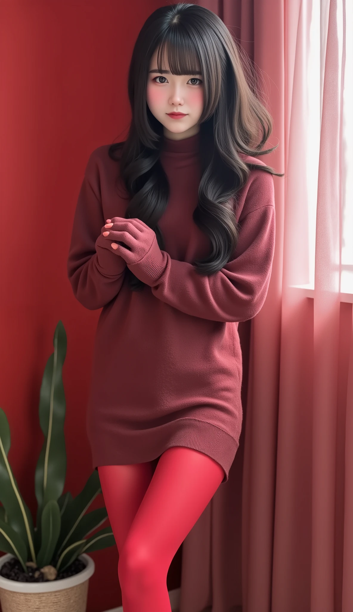  realistic gothic style with water(( top quality, masterpiece)), (  One Girl  , Alone),  Perfect Anatomy, (cktights:1.2),  sweater dress,  Carefully Drawn Hair on Red Pantyhose, whole body, Visible fromとてもデリケートな髪 , Visible from , Hair carefully drawn on red pantyhose that can be seen one by one  ,  No Shoes  , Perfect Shadow, Red Room, Houseplant Zital Art Portrait 