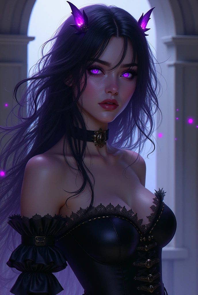 femboy, black hair, long hair, fit body, purple eyes, purple skin, black leather clothes, choker, serious face, semi-realistic style, outliner, dark forest background, dark sky background, moon light, bust, upper body, bare shoulders, naughty grin