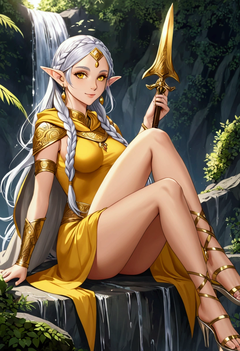 Woman elf: Golden-yellow sclerae, lined eyelashes, mole under the left eye, silver hair tied in 5-strand waterfall braid, elf ears, serene smile, slightly athletic physique, C-cup breasts, gray priestess hooded tunic with gold details, silver sandals, silver earrings, silver coin shaped hair clip, holding a dagger, quiver with arrows, crossed legs.