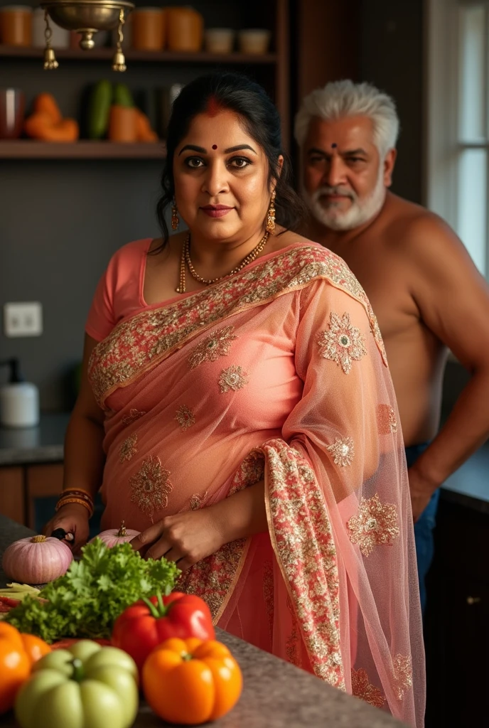 1girl, sexy, 35 years old Indian woman, (mature woman:1.3, middle aged bhabhi,cutting vegetables in kitchen, (freckles:0.2), kitchen, detailed background, indoor, hires, (photorealistic:1.4), wide shot, full body photo, wearing transparent saree, ((full saree)), beautiful fluffy saree, thick curvy aunty, highly detailed, hyper realistic, traditional colourful saree, wind blowing, big chest, dusky skin, most beautiful woman, sexy body, sexy eyes nose lips,seductive face, superb lighting, shot from above, shot from some distance, wide angle view, a shirt less older man watching her in behaind his Right hand in Below the waist