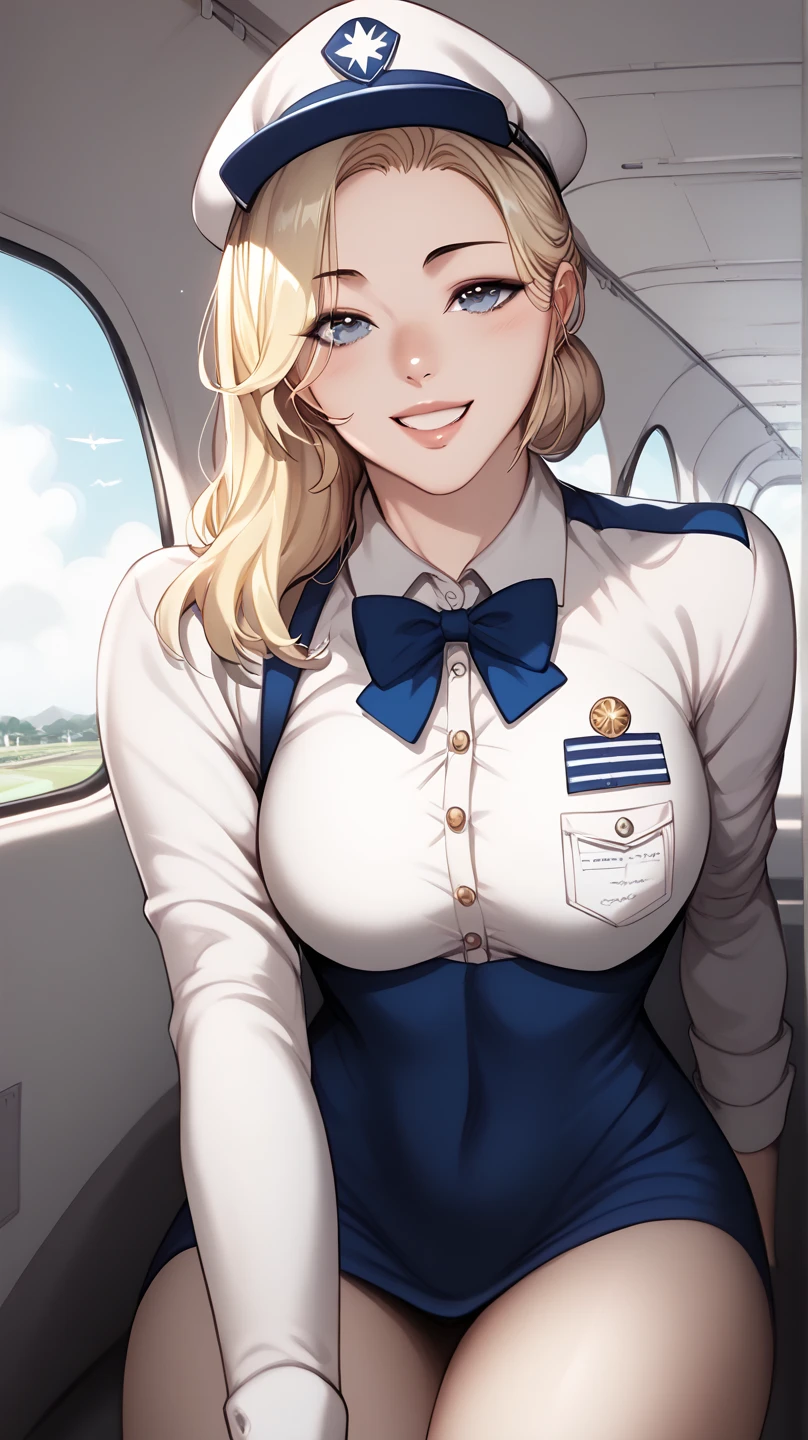 A beautiful female airplane hostess with blonde hair, inside the plane, greet with a smile