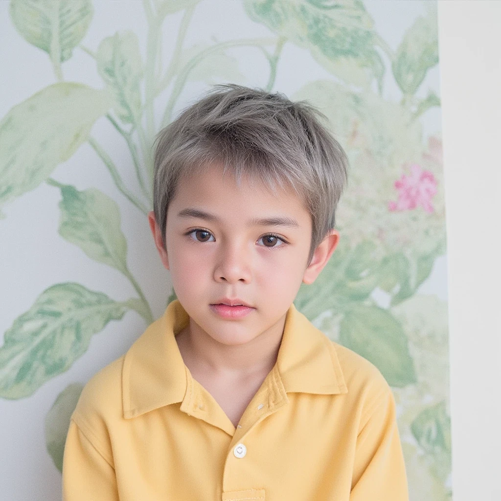 Portrait of a cute boy, 5-, ashy gray hair, short haircut, large dark green eyes, plump bow lips, light yellow jumpsuit, realism, watercolor, 4K, High detail