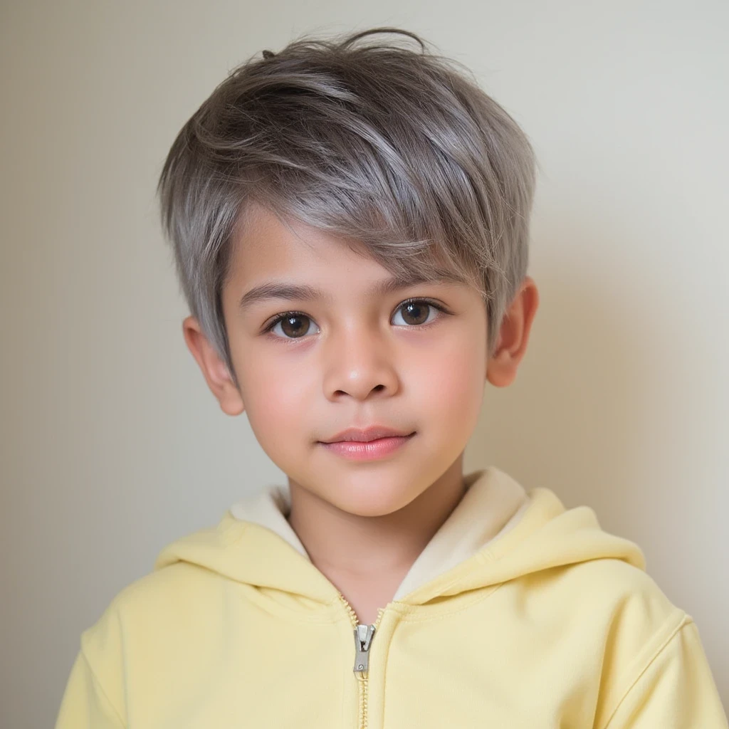 Portrait of a cute boy, 5-, ashy gray hair, short haircut, large dark green eyes, plump bow lips, light yellow jumpsuit, realism, watercolor, 4K, High detail