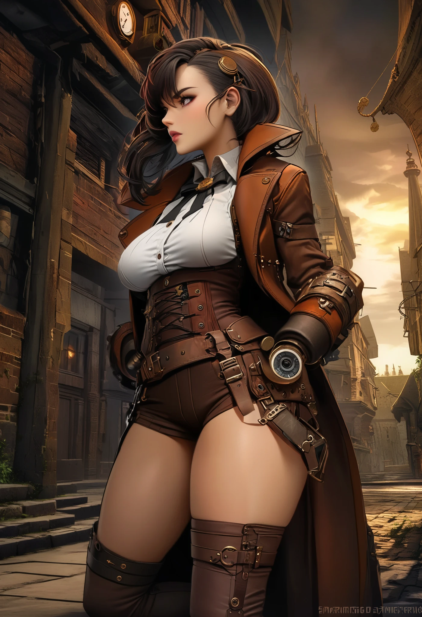 steampunk costume、prostitution、gloomy,alley, night,1house wife,curvy,light brown hair,hair over one eye,seductive smile