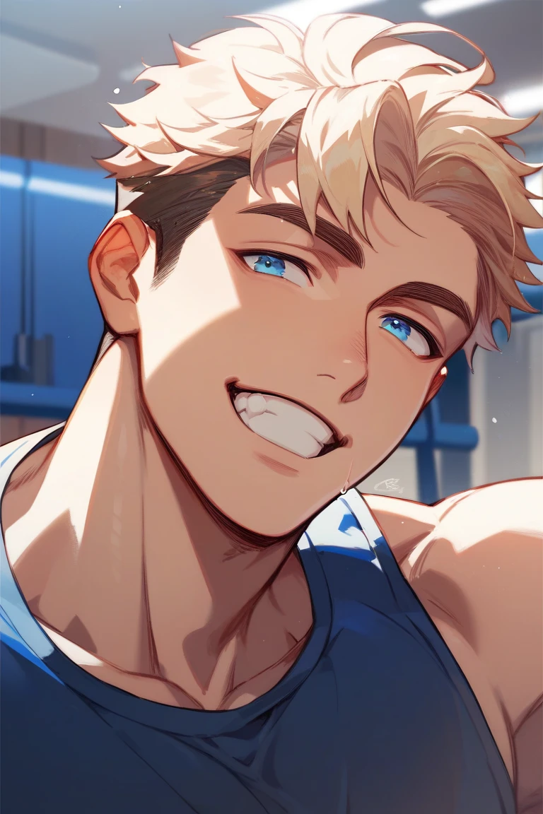 score_9, score_8_up, score_7_up, score_6_up, boy, blonde hair, one eye closed, yawning, shirtless, black shorts, cool, front, muscular, looking at viewer, simple white background, dynamic pose, splash art, concept art, RinotunaYei, 