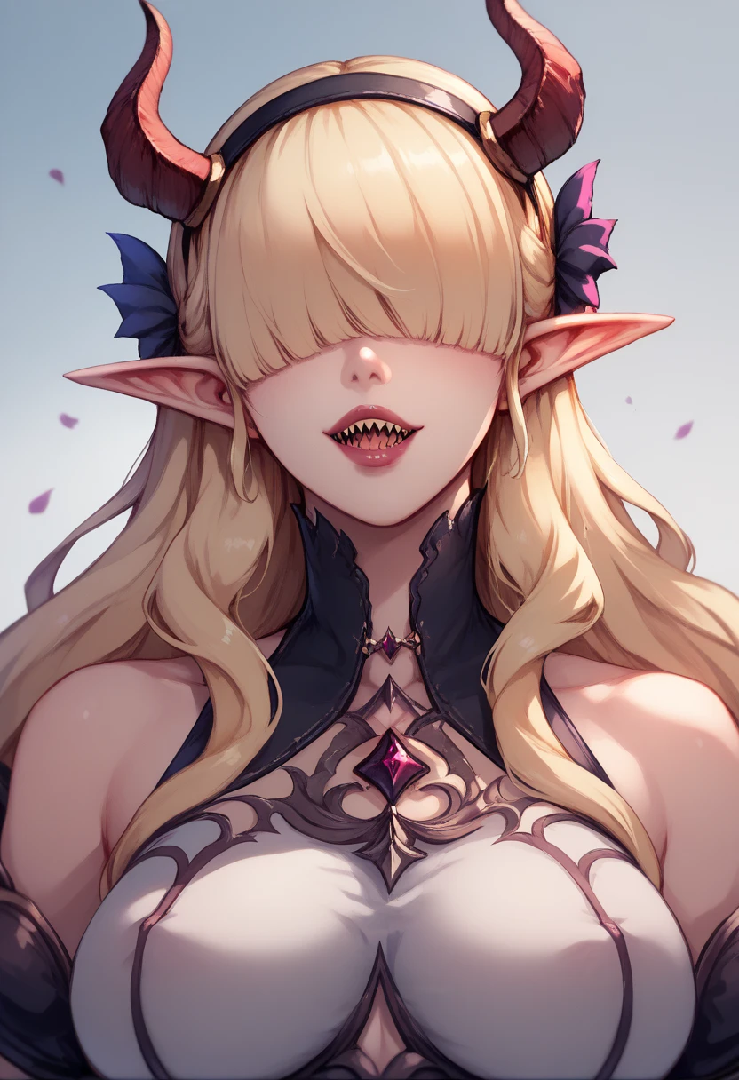 Rosto detalhado, grandes olhos, sharp teeth, hair over eyes, hairband, demon horns, demon wings, long hair, pointy ears, elf, long blonde hair, demon horns, makeup, sutiã, sutiã, sutiã, sutiã