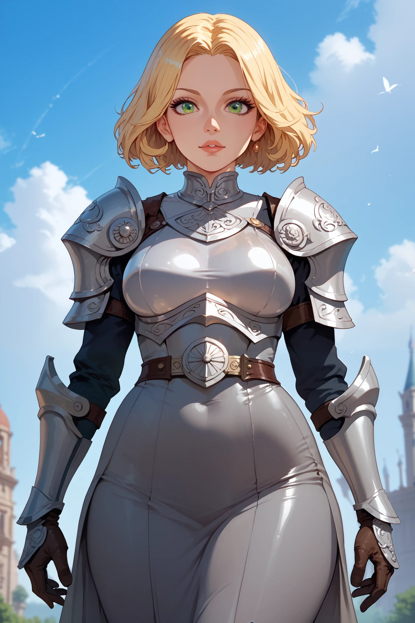 a woman, blonde hair, green eyes, front view, high definition, pretty face, hermes trysmegist symbol on the chest, silver ancient skinsuit armor, spartan warrior dark skirt, sky in the background, cartoon manga style HD, 4K