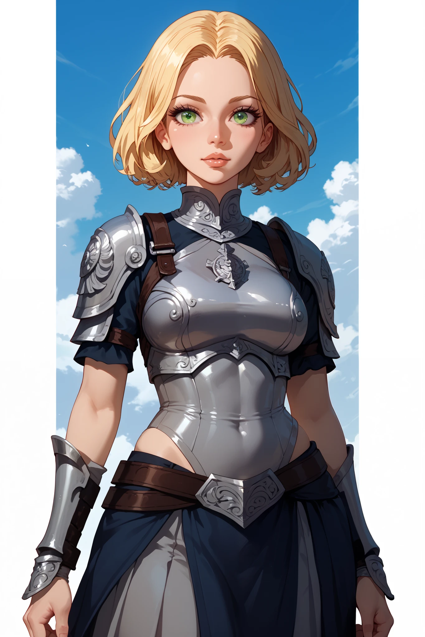 a woman, blonde hair, green eyes, front view, high definition, pretty face, hermes trysmegist symbol on the chest, silver ancient skinsuit armor, spartan warrior dark skirt, sky in the background, cartoon manga style HD, 4K