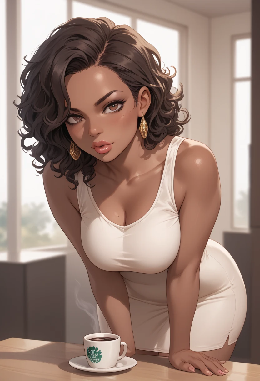 Almond-eyed Dark Mocha-skin tonned African-American woman with SHORT dark curly hair, juicy lips, and a large chest. She is bent over with her breast in the foreground, standing drinking from a Coffee cup . She is wearing sweater dress she looks disappointed below view