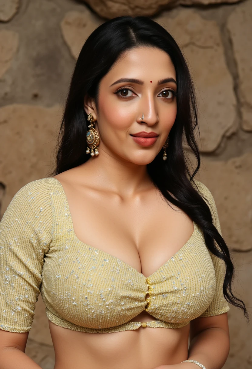 Close up full-body photo of sexy NehaS , curvy, hourglass figure,  swooping breasts,  deep cleavage, saree, navel, belly button,  in a rock,  seductive pose, erotic pose,  cheering for her, French braid hair, necklace,  red lips,  jhumka, bright light photoshoot model,  