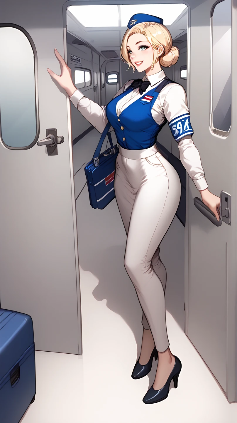 A beautiful female airplane hostess with blonde hair, inside the plane, standing in the doorway of the plane, greet with a smile