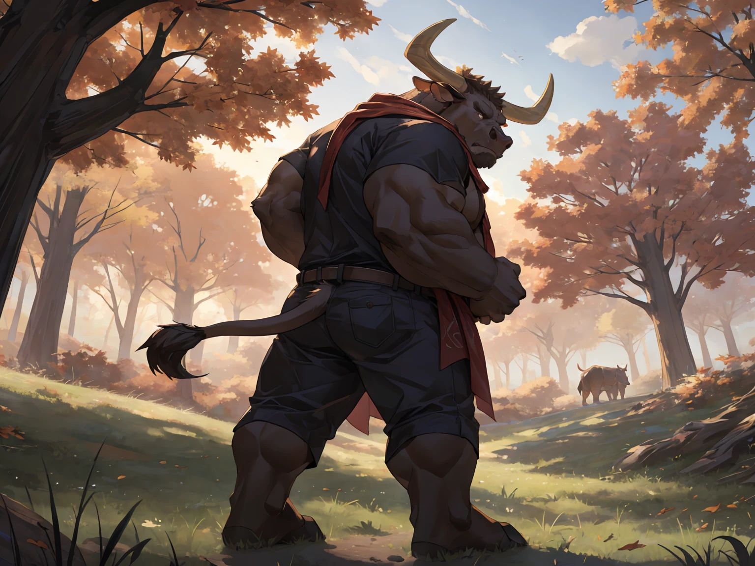 deep brown bovine, deep brown ox, deep brown bull, red scarf, ox horns, horns, solo, standing under a big tree, Autumn, wronged, pitiable, waiting, frome side, From a lateral viewpoint, open shirt, hand on stomach, Grassland, Look back over his shoulder, Turn his head to look back, masterpiece, (16K), HD, Various facial details, detailed background, very detailed, dynamic poses, Eyes details, high resolution, high quality, correct anatomy, fullbody picture, Leaning against the big tree, A single large tree standing alone in an open field, Only one large tree in the scene, no other trees or objects around. A solitary ancient oak tree in a vast empty meadow, no additional trees or plants, One prominent large tree in the center, no background forest, bushes, or other trees, ox's tail, cow's tail, bull's tail, cartoon, by lindong, by null-ghost, evening, Fierce expression, anger