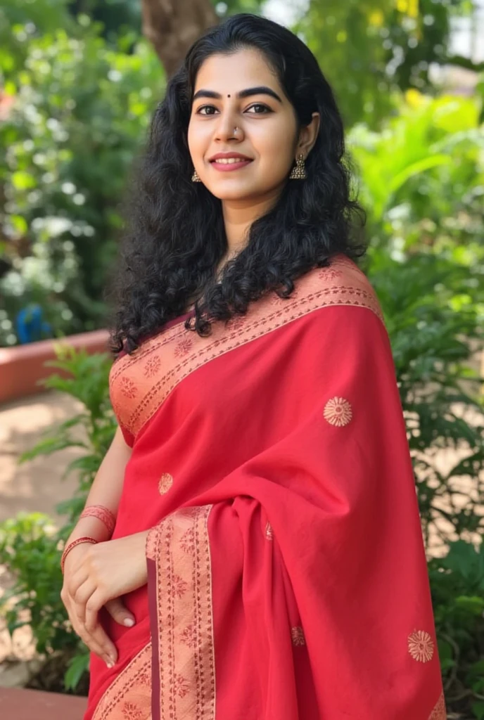 Photo of Kerala  mallu female with fair Indian skin tone and black long hair. chubby curvy body figure and big breast.Wearing kerala christmas red saree and chritsmas hat in kerala outdoor. Full size photo. Detailed photo. Realistic photo. Photo taken in nikon camera.face looking straight.