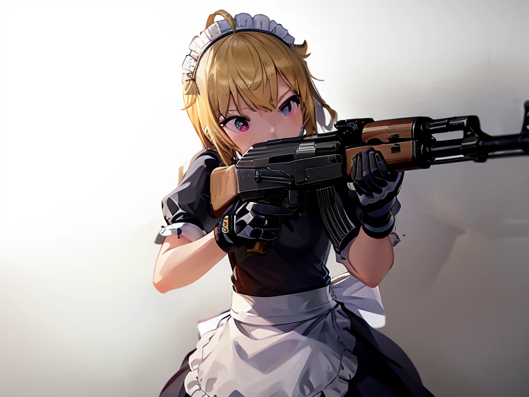 1girl, solo, full body, 
tsubasa ibuki (million live),
 ((maid costume, long skirt, long maid dress, have assault rifle, AK-47, )),
(masterpiece、Highest quality、Very detailed)), One girl, large breast, cute, kawaii, high resolution, masterpiece, holding a AK-47, full body, gun, holding and aiming gun, holding weapon,  holding gun, ak-47, akm, assault rifle, kalashnikov rifle, (aiming:1.2), finger on trigger,