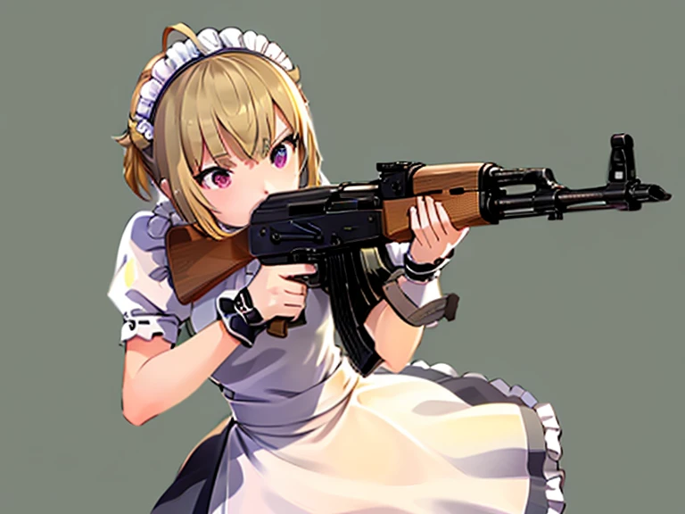 1girl, solo, full body, 
tsubasa ibuki (million live),
 ((maid costume, long skirt, long maid dress, have assault rifle, AK-47, )),
(masterpiece、Highest quality、Very detailed)), One girl, large breast, cute, kawaii, high resolution, masterpiece, holding a AK-47, full body, gun, holding and aiming gun, holding weapon,  holding gun, ak-47, akm, assault rifle, kalashnikov rifle, (aiming:1.2), finger on trigger,