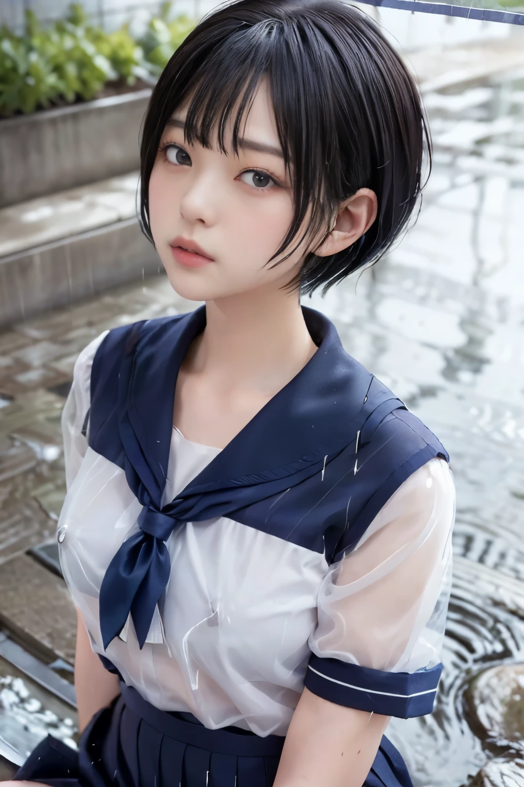 Masterpiece、( top quality:1.4)、1girl、(nsfw)、 super detailed 、 looking down from directly above black hair、 Belly Shorthair、parted hair big eyes、Forehead、 small face 日本の女子高生の sailor suit、 sailor suit、(see-through)、(see-through nipples)、 small breasts rain、(Rain)、Puddle、concrete background real light 、 realistic shadows