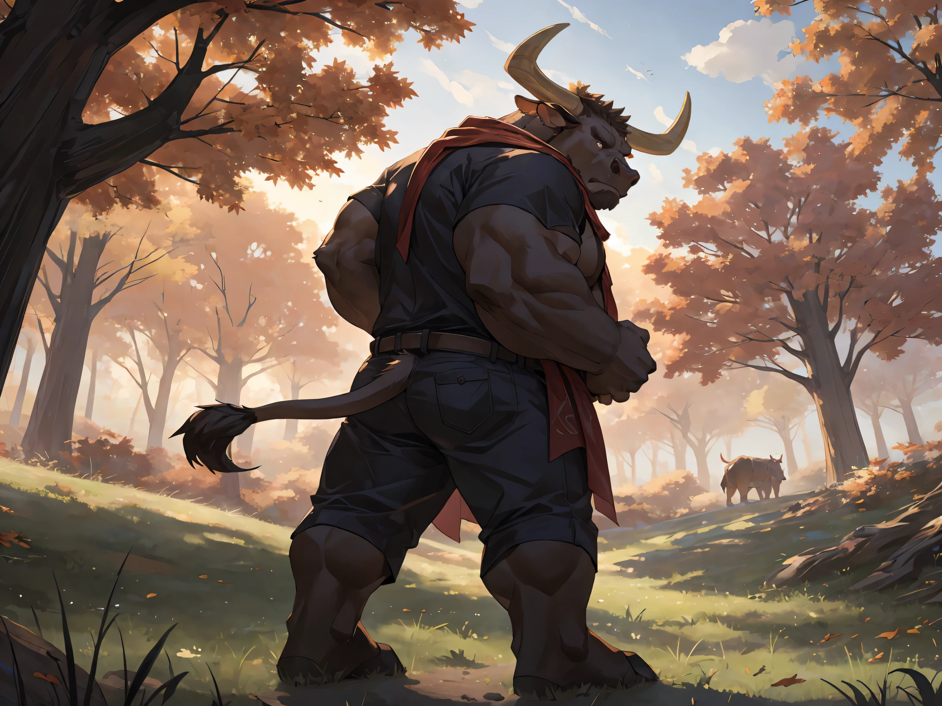 deep brown bovine, deep brown ox, deep brown bull, red scarf, ox horns, horns, solo, standing under a big tree, Autumn, wronged, pitiable, waiting, frome side, From a lateral viewpoint, open shirt, hand on stomach, Grassland, Look back over his shoulder, Turn his head to look back, masterpiece, (16K), HD, Various facial details, detailed background, very detailed, dynamic poses, Eyes details, high resolution, high quality, correct anatomy, fullbody picture, Leaning against the big tree, A single large tree standing alone in an open field, Only one large tree in the scene, no other trees or objects around. A solitary ancient oak tree in a vast empty meadow, no additional trees or plants, One prominent large tree in the center, no background forest, bushes, or other trees, ox's tail, cow's tail, bull's tail, cartoon, by lindong, by null-ghost, evening, Fierce expression, anger