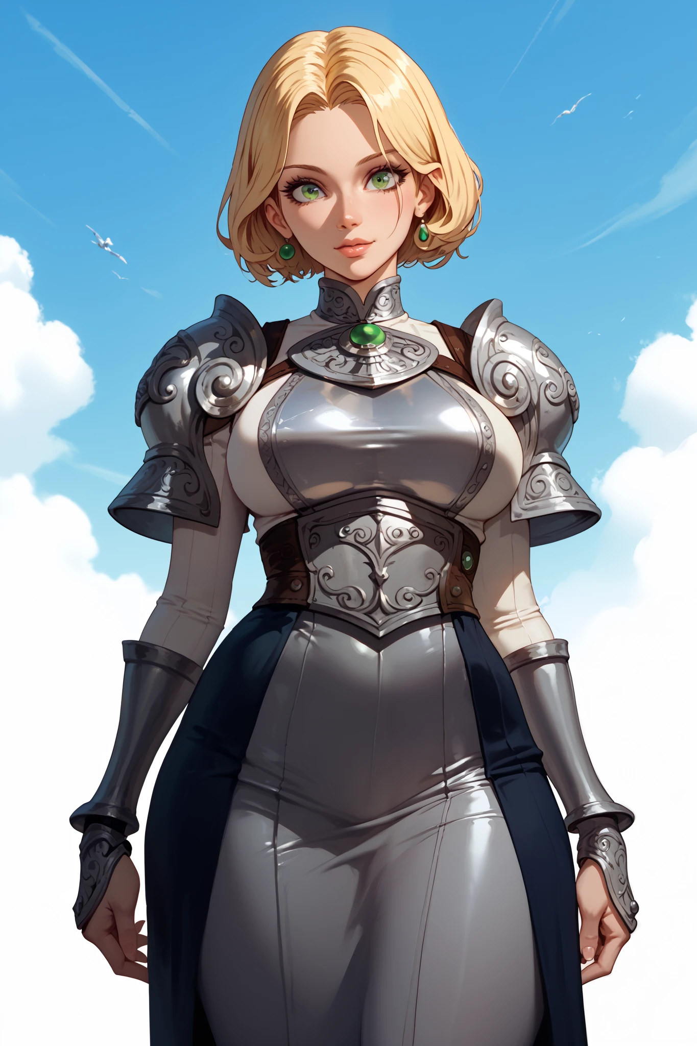 a woman, blonde hair, green eyes, front view, high definition, pretty face, hermes trysmegist symbol on the chest, silver ancient skinsuit armor, dark skirt, sky in the background, snk style HD, 4K