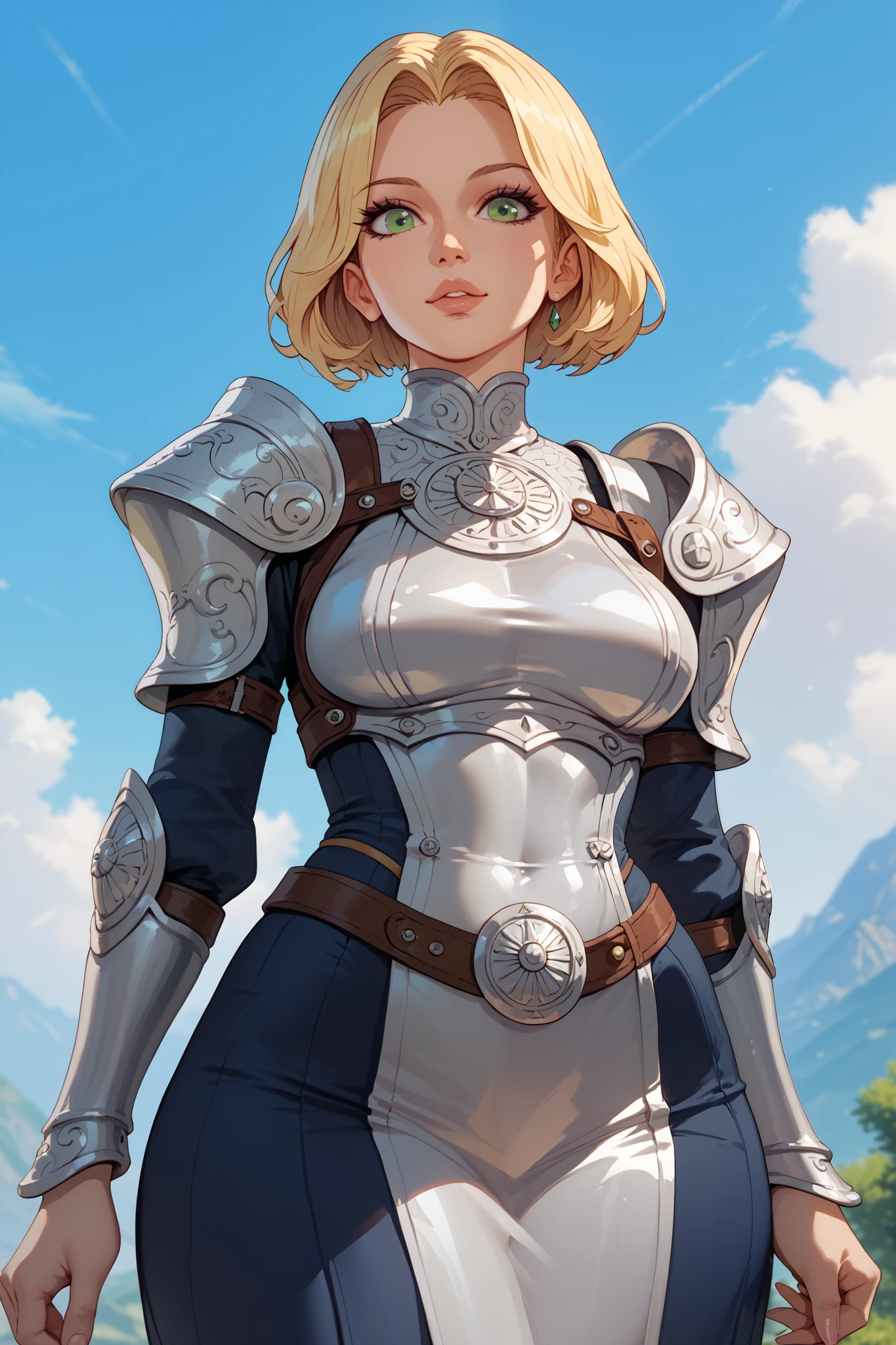 a woman, blonde hair, green eyes, front view, high definition, pretty face, hermes trysmegist symbol on the chest, silver ancient skinsuit armor, dark skirt, sky in the background, snk style HD, 4K