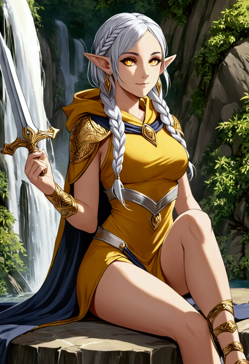 Woman elf: Golden-yellow sclerae, lined eyelashes, mole under the left eye, silver hair tied in 5-strand waterfall braid, elf ears, serene smile, slightly athletic physique, C-cup breasts, gray priestess hooded tunic with gold details, silver sandals, silver earrings, silver coin shaped hair clip, holding a dagger, quiver with arrows, crossed legs.