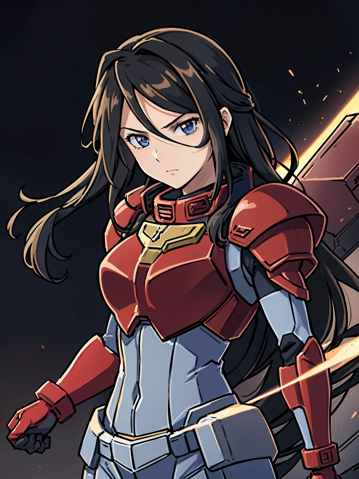 (high-quality, breathtaking),(expressive eyes, perfect face) 1girl, female, solo, adult age, Symmetrical Eyes, simplebackground, long hair, shag hair, busty, nice thighs, portrait, looking at viewer, full body, espada, red green eyes, black hair, red streaks, sprite, facing viewer, looking at viewer, standing straight, cowboy medium shot, armored, Gundam girl, red breastplate, gauntlets, red headband, circuit marks all over body, neon tattoos, armored gloves, ROBOTANIMESTYLE, red and black clothing palette, front view, gundam pilot, full plate armor
