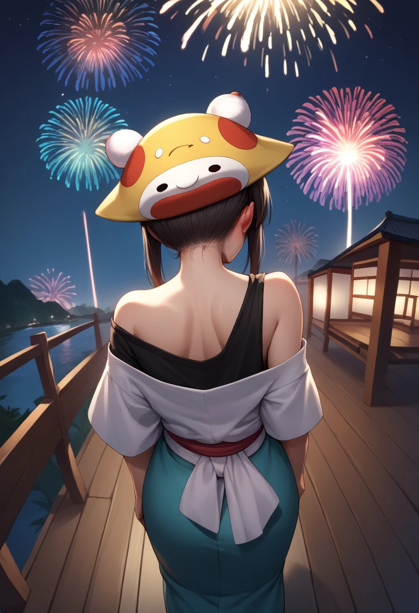  score_9,  score_8_above,  score_7_above,  score_6_above,  BREAKS from behind ,kimono, off the shoulder,bare shoulder, night sky,  fireworks , looking at the spectator,Remember,  colored leather t-shirt,  blush stickers , buffoon hat  