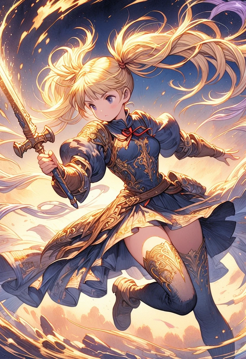 Final Fantasy Tactics style, Watercolor shading, hand-painted texture, dynamic pose, blonde twin tails with flowing ribbons, detailed and ornate black and red school uniform, thigh-high stockings with golden patterns, massive purple ornate hammer with glowing highlights, intricate and fantasy-inspired weapon design, muted and soft color palette, medieval fantasy aesthetic, fine line art with delicate shading, parchment-style background, detailed rendering with visible brush strokes, fantasy illustration with a nostalgic and classic RPG vibe
