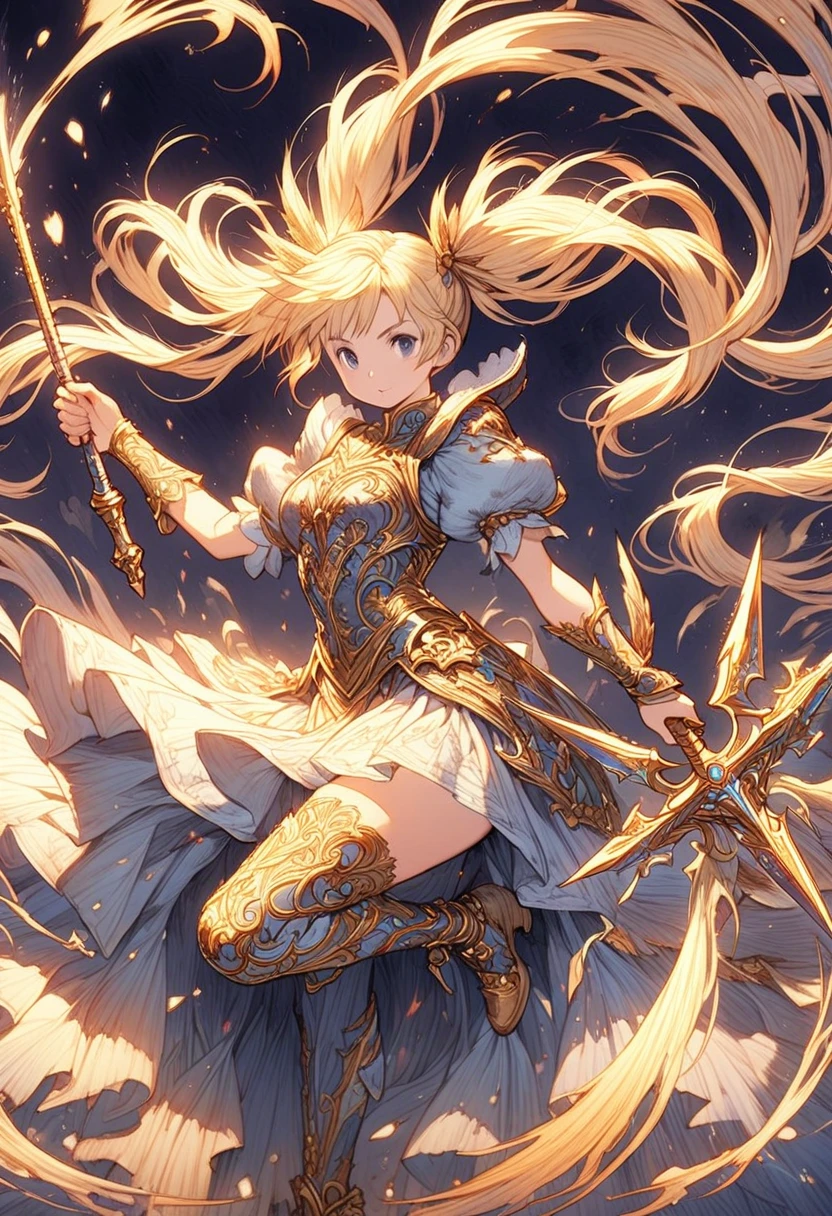 Final Fantasy Tactics style, Watercolor shading, hand-painted texture, dynamic pose, blonde twin tails with flowing ribbons, detailed and ornate black and red school uniform, thigh-high stockings with golden patterns, massive purple ornate hammer with glowing highlights, intricate and fantasy-inspired weapon design, muted and soft color palette, medieval fantasy aesthetic, fine line art with delicate shading, parchment-style background, detailed rendering with visible brush strokes, fantasy illustration with a nostalgic and classic RPG vibe
