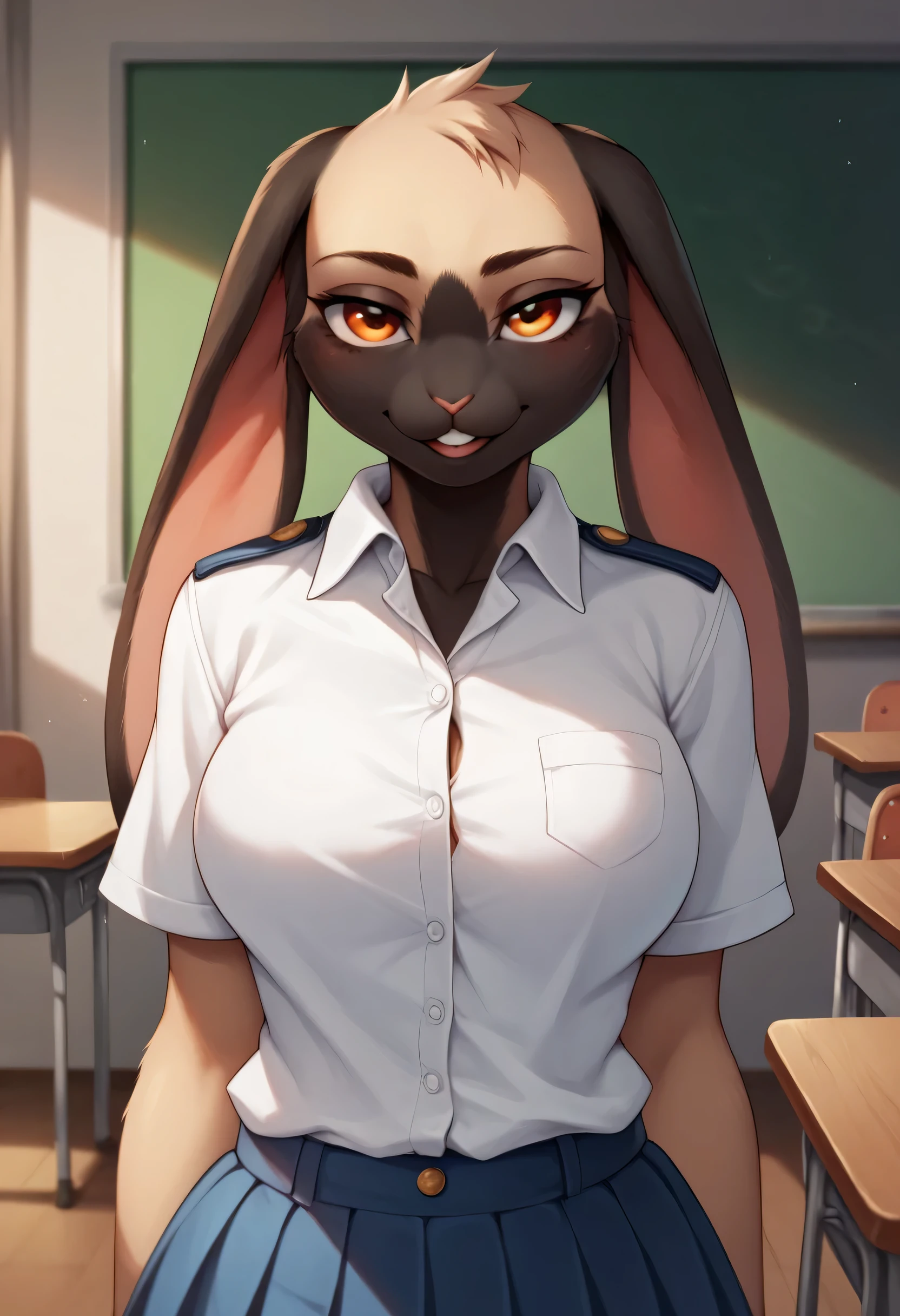 score_9, score_8_up, score_7_up, score_6_up, score_5_up, score_4_up, KyuuBSXL, anthro furry, furry female, black fur, two-tone fur, orange eyes, animal ears, rabbit ears, rabbit tail, snout, petite, curvy, school girl uniform, solo, front view, solo focus, seductive smile, looking at viewer, indoors 