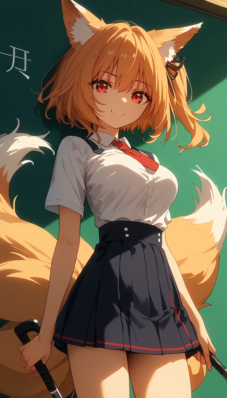 fox ears,  thin waist, ( masterpiece fails,  Extremely detailed ,  top quality,  ultra-detailed,  illustration1 .2), girl.  wall , weak smile,  blond hair,  short hair , (  two very long tails  на голове), (  two very long tails  ),  red eyes ,  hair between eyes , bang,  medium breasts ,  White shirt, golf courses,  red tie ,  looks at the viewer , mini-skirt, Cutie