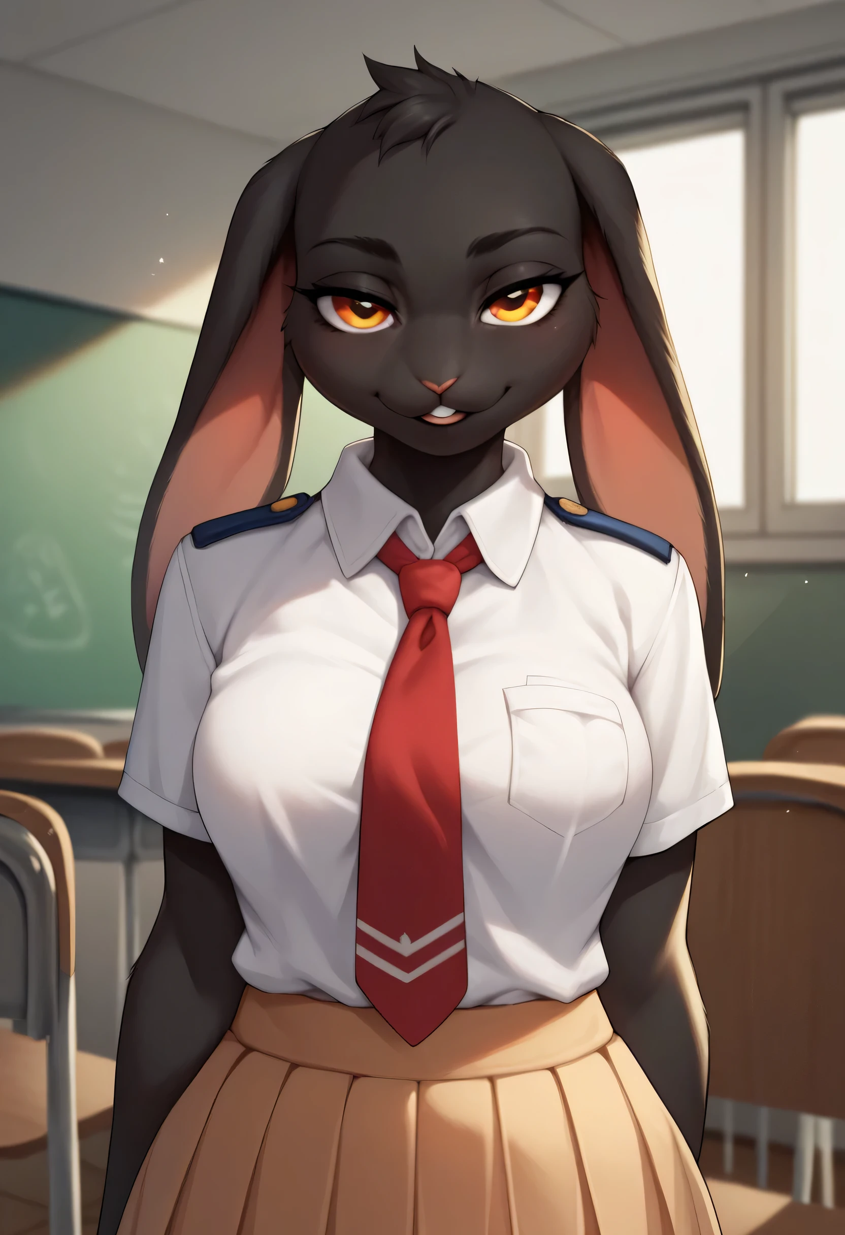 score_9, score_8_up, score_7_up, score_6_up, score_5_up, score_4_up, KyuuBSXL, anthro furry, furry female, black fur, two-tone fur, orange eyes, animal ears, rabbit ears, rabbit tail, snout, petite, curvy, school girl uniform, solo, front view, solo focus, seductive smile, looking at viewer, indoors 