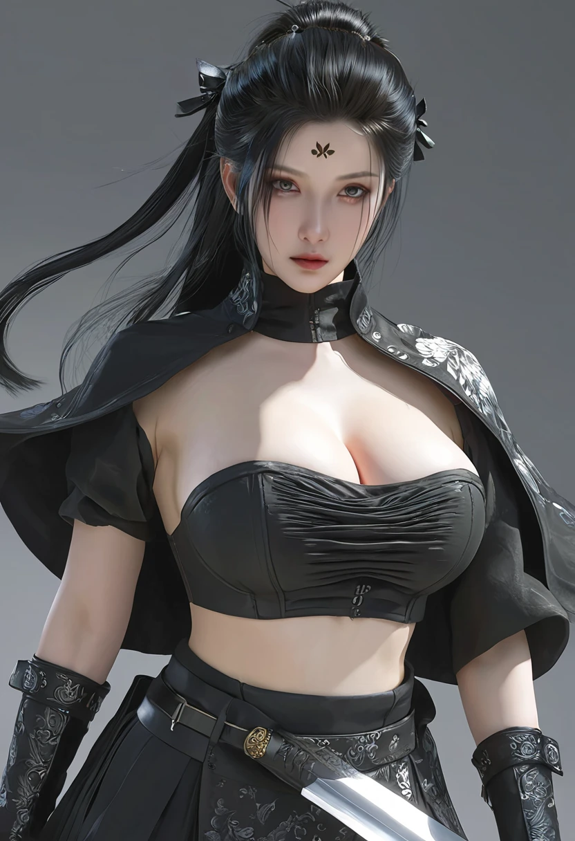 Black hair and white skin woman,  Longsword ，artwork in the style of Gu Weiss, Gu Weiss, the style of Wallop, ross tran and Wallop, Inspired by Wallop, 夏娃肚皮, in style of Wallop, Wallop and ross tran,  Pan Chengwei's , best on Wallop, Wallop | Black hair and white skin woman,  Longsword ，artwork in the style of Gu Weiss, Gu Weiss, the style of Wallop, ross tran and Wallop, Inspired by Wallop, 夏娃肚皮, in style of Wallop, Wallop and ross tran,  Pan Chengwei's , best on Wallop, Wallop | (masterpiece:1.1,  best quality:1.1), (realistic:1.3), (Bokeh), ( High Resolution, 8K Wallpaper), Professional lighting,  Cinematic lighting , Reika Shimohira, Murder City (fat) A character in , Real skin,  meticulous eyes,  beautiful eyes, Perfect eyes, Ultra-slim waist,  Perfect slim body style , (超realistic的 fat 紧身衣:1.1, 超精细的 fat 紧身衣), ((((Extra large mass , Extra large breasts,  realistic skin texture , 超大的乳房)))), (black,  long hair),