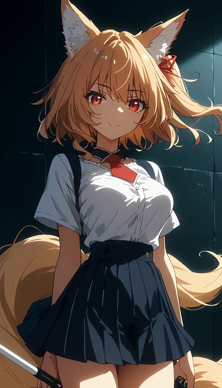 fox ears,  thin waist, ( masterpiece fails,  Extremely detailed ,  top quality,  ultra-detailed,  illustration1 .2), girl.  wall , weak smile,  blond hair,  short hair , (  two very long tails  на голове), (  two very long tails  ),  red eyes ,  hair between eyes , bang,  medium breasts ,  White shirt, golf courses,  red tie ,  looks at the viewer , mini-skirt, Cutie